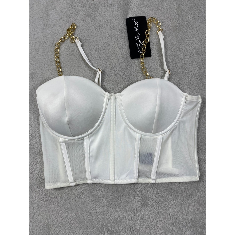 Say What Bustier Corset Top Womens M White Stretch‎ Chain Strap Sheer Mesh NWT